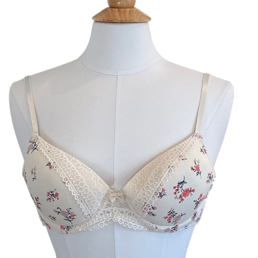 Laura Ashley Floral and Lace Padded Push Up Underwire Bra, Size 34C
